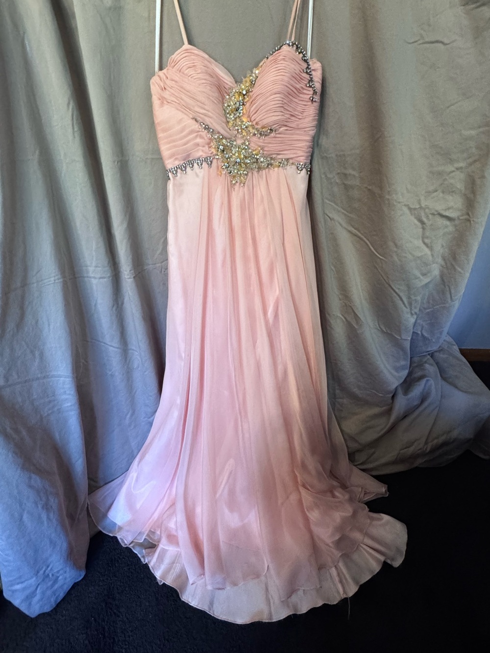 Pink Beaded Evening Gown, Sparkling Accents. Needs repair around bodice.